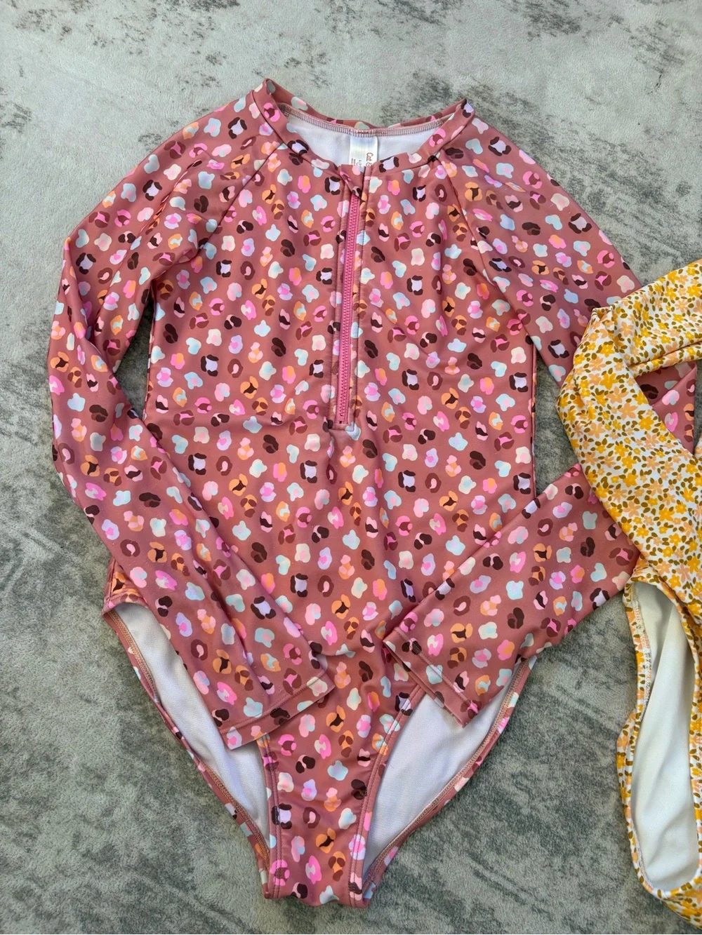 Girl’s Long Sleeve One-Piece Swimsuit Set of 2 Pink & Yellow Floral L (10/12)